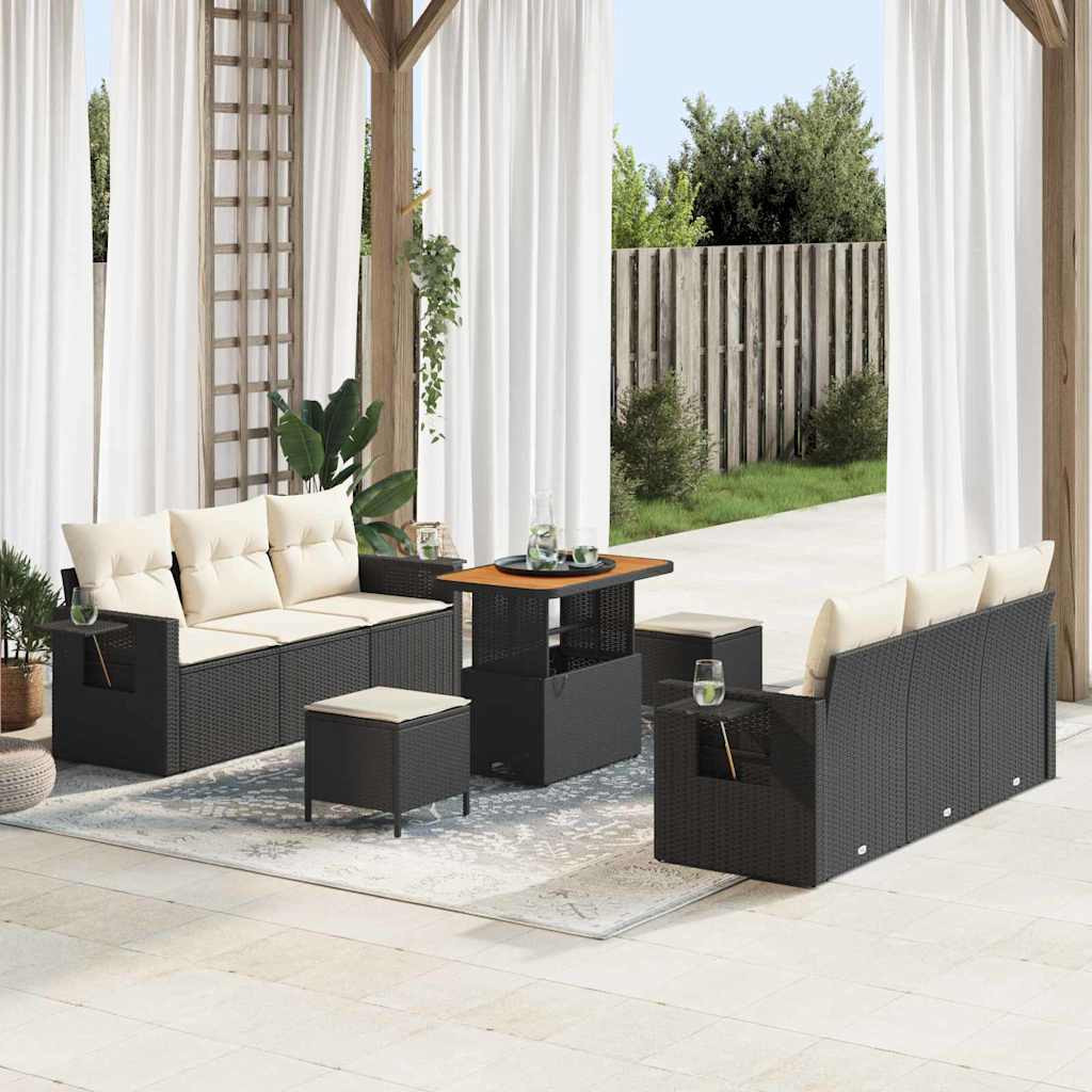 vidaXL Garten-Sofa-Set mit Kissen mit Speicher 9 pcs Schwarz und Creme