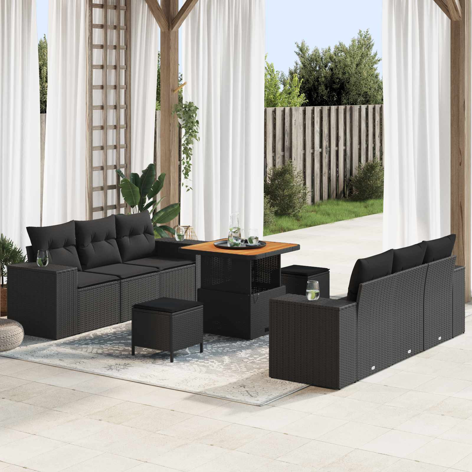 vidaXL Gartensofa-set mit Kissen Schwarz 221 x 204 x 85 cm Poly Rattan