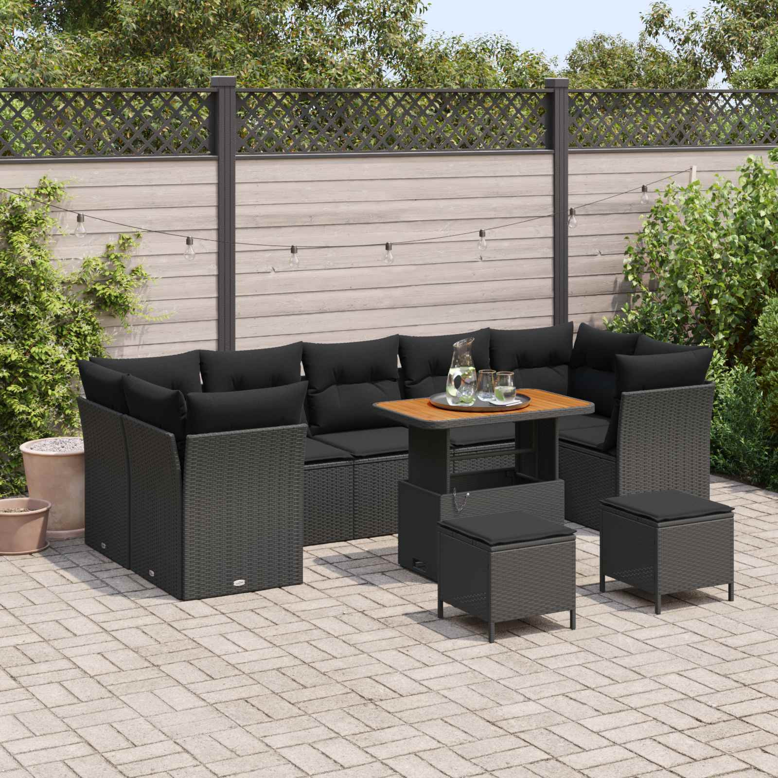 vidaXL Garten-Sofa-Set mit Kissen mit Speicher 10 pcs Schwarz