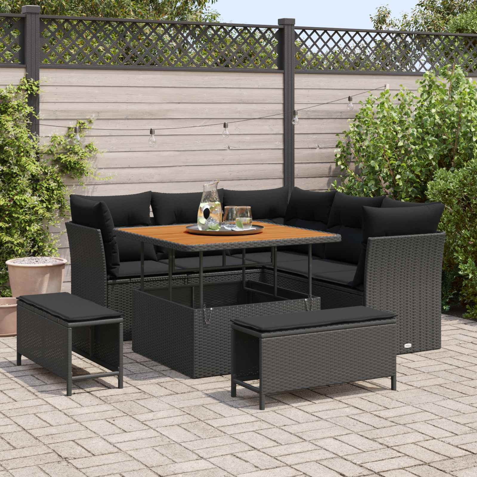 vidaXL Garten-Sofa-Set mit Kissen mit Speicher 8 pcs Schwarz