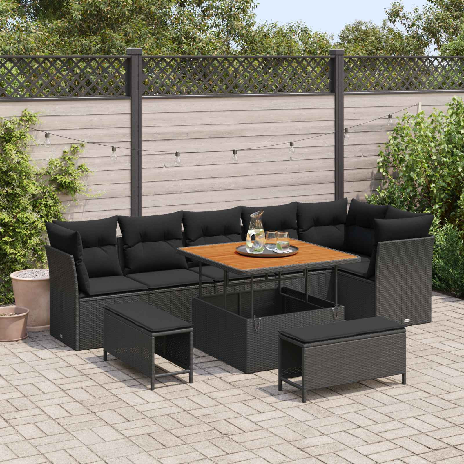 vidaXL Garten-Sofa-Set mit Kissen mit Speicher 9 pcs Schwarz