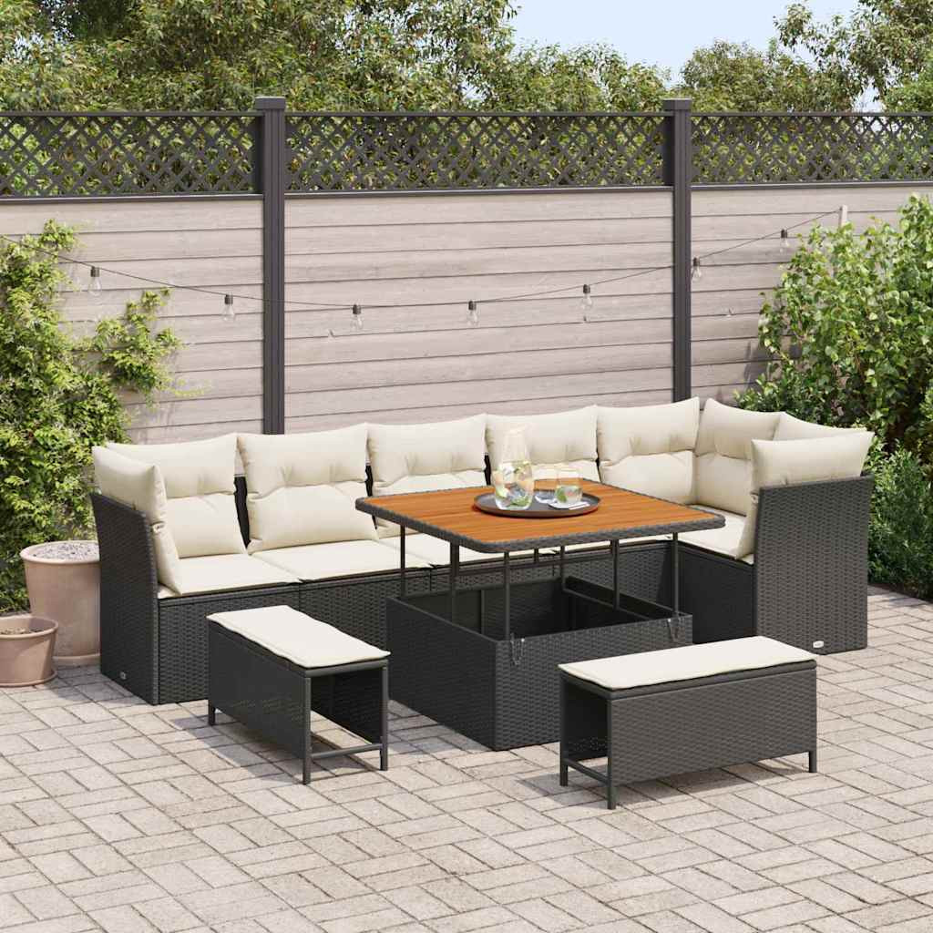 vidaXL Garten-Sofa-Set mit Kissen mit Speicher 9 pcs Schwarz und Creme