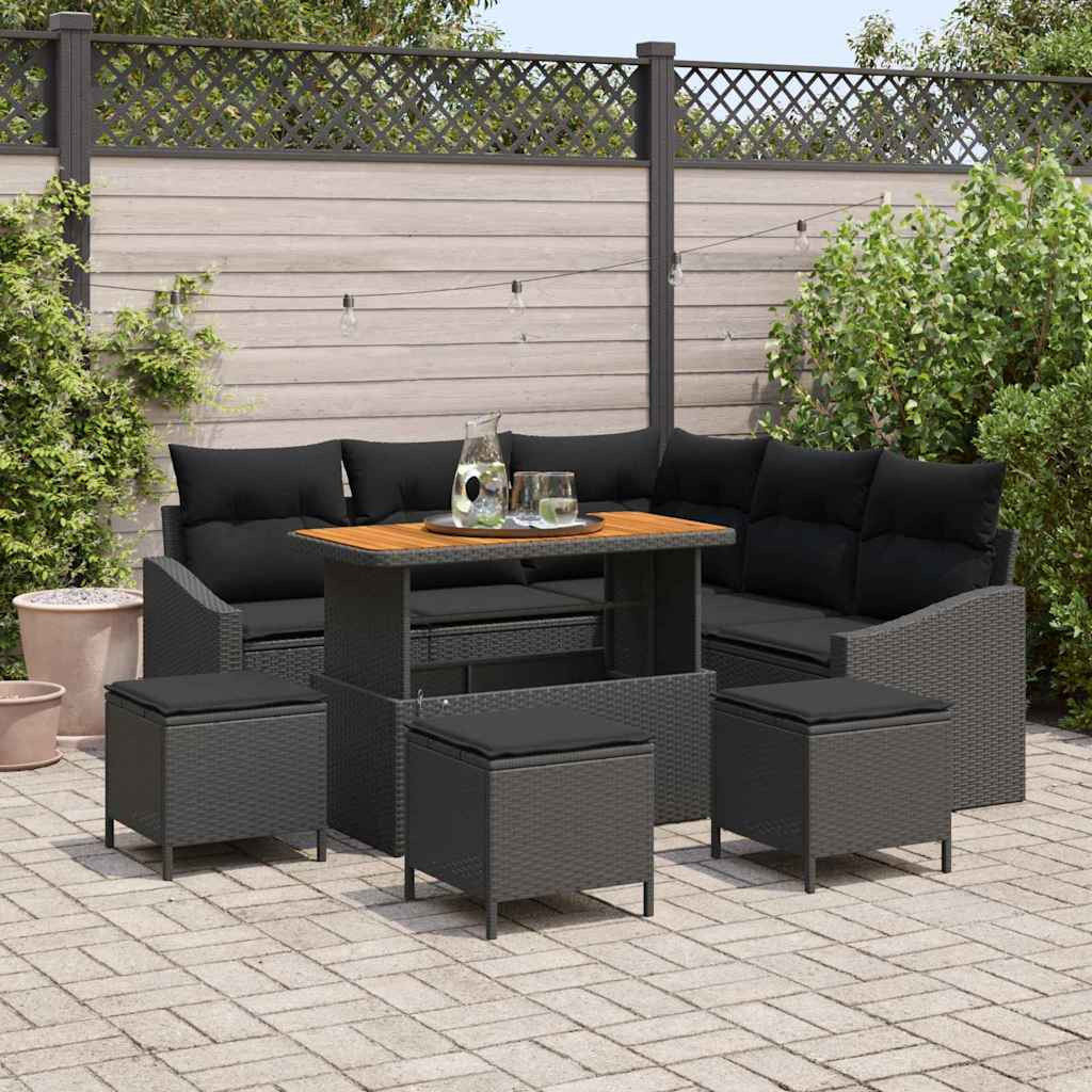 vidaXL Gartensofa-set mit Kissen 9 pcs Schwarz Poly-Rattan