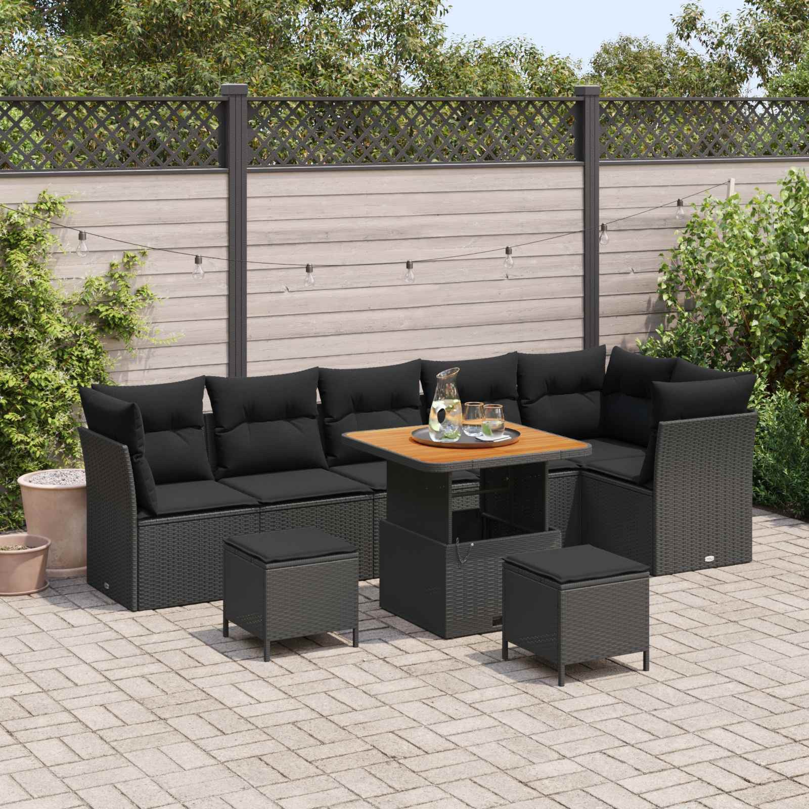 vidaXL Garten-Sofa-Set mit Kissen mit Speicher 9 pcs Schwarz