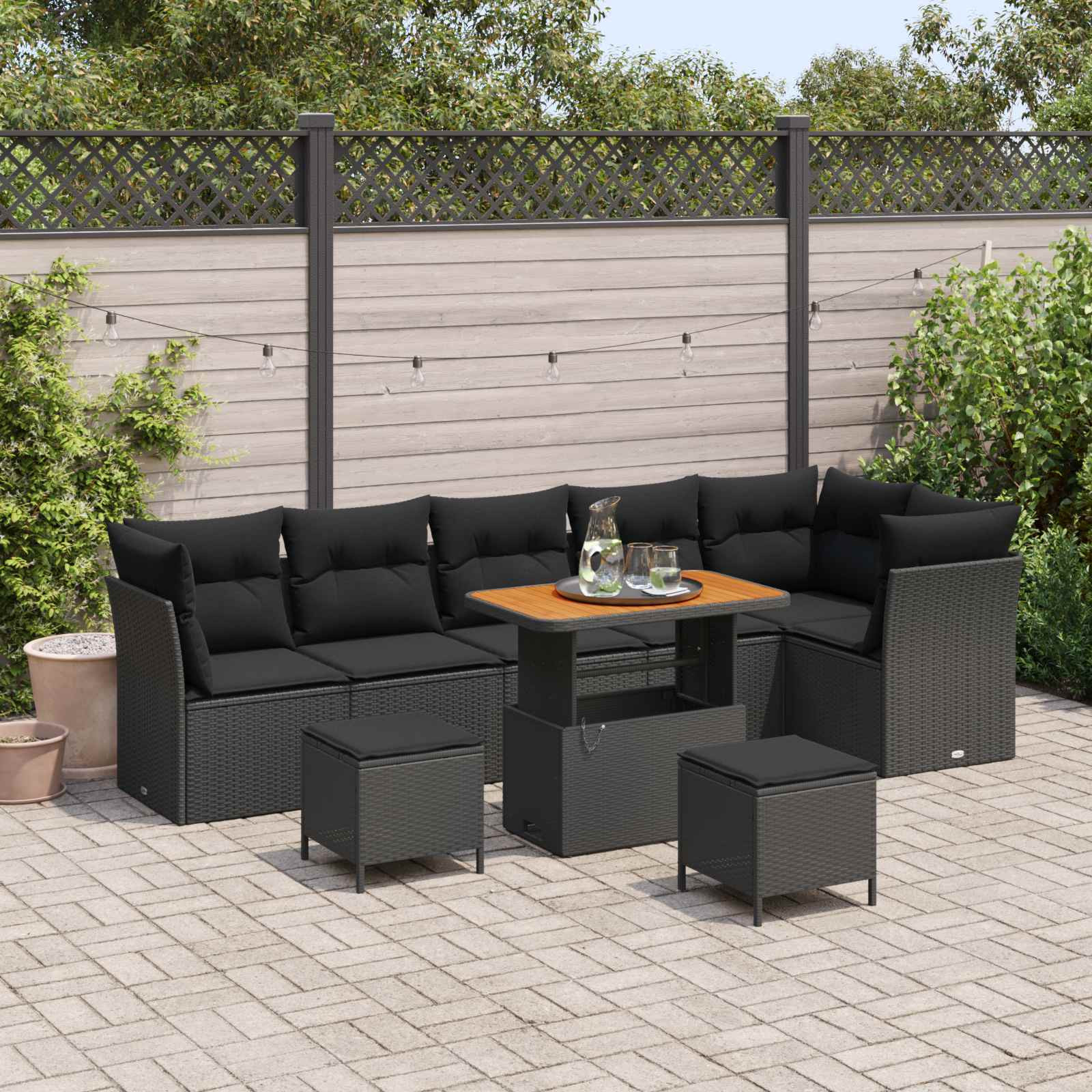 vidaXL Garten-Sofa-Set mit Kissen 9 pcs Schwarz 90 x 55 x 71 cm