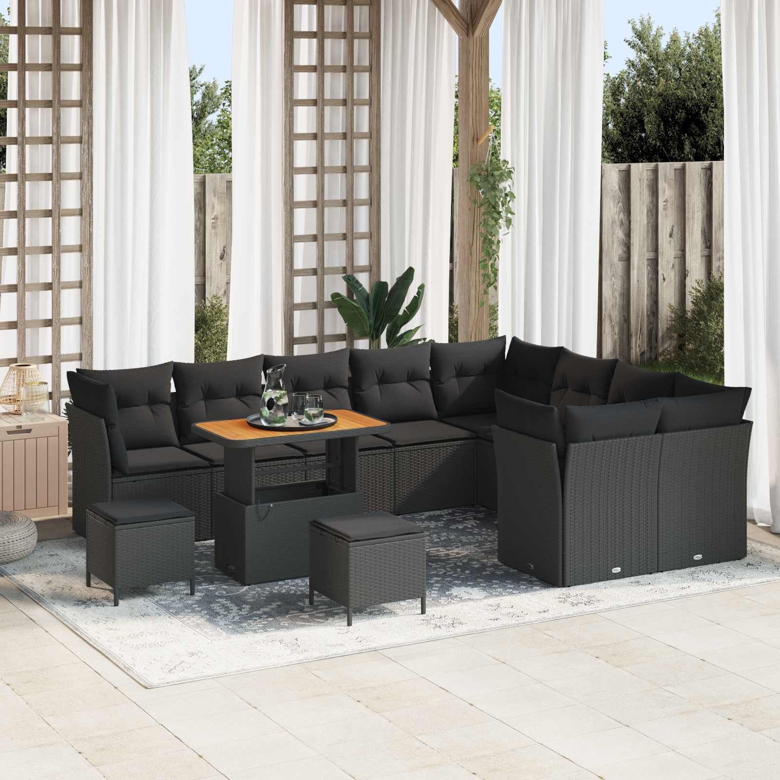 vidaXL Garten-Sofa-Set mit Kissen mit Speicher 12 pcs Schwarz