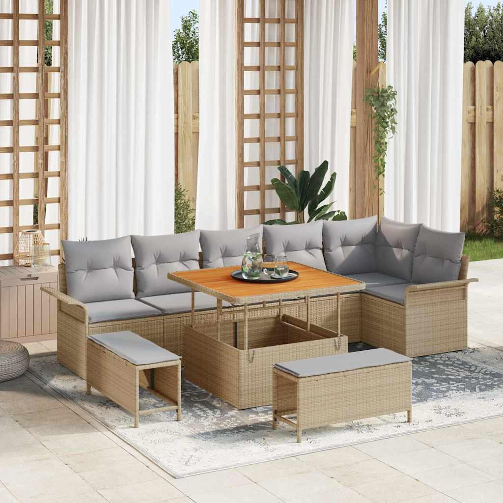 vidaXL Gartensofa-set mit Kissen 9 pcs Beige Poly-Rattan