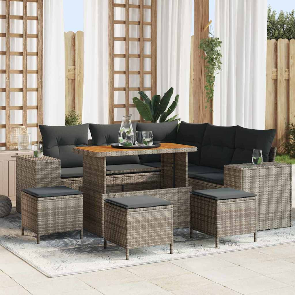 vidaXL Gartensofa-set mit Kissen mit Speicher 9 pcs Grau Poly-Rattan