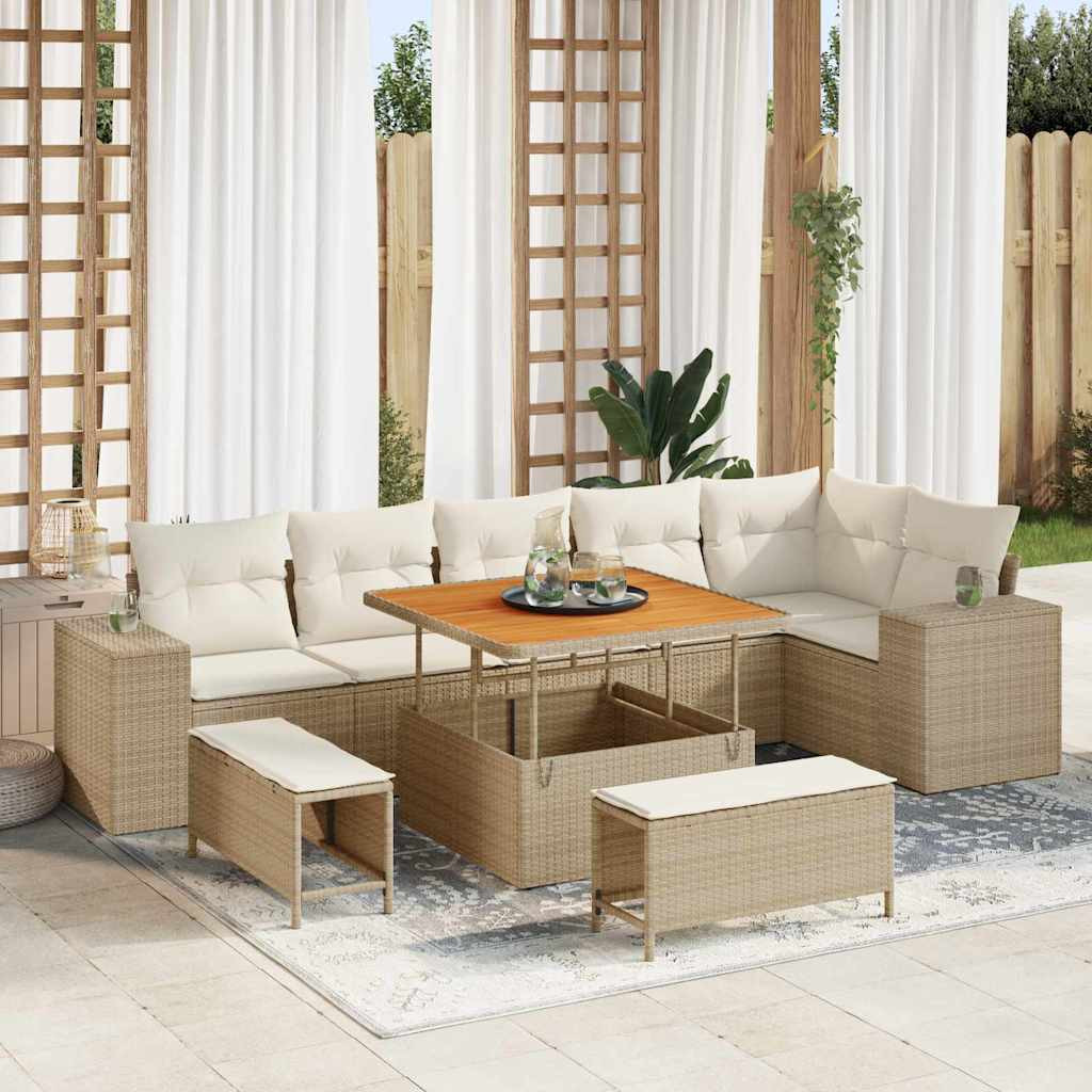 vidaXL Gartensofa-set mit Kissen 9 pcs Beige und Creme Poly-Rattan