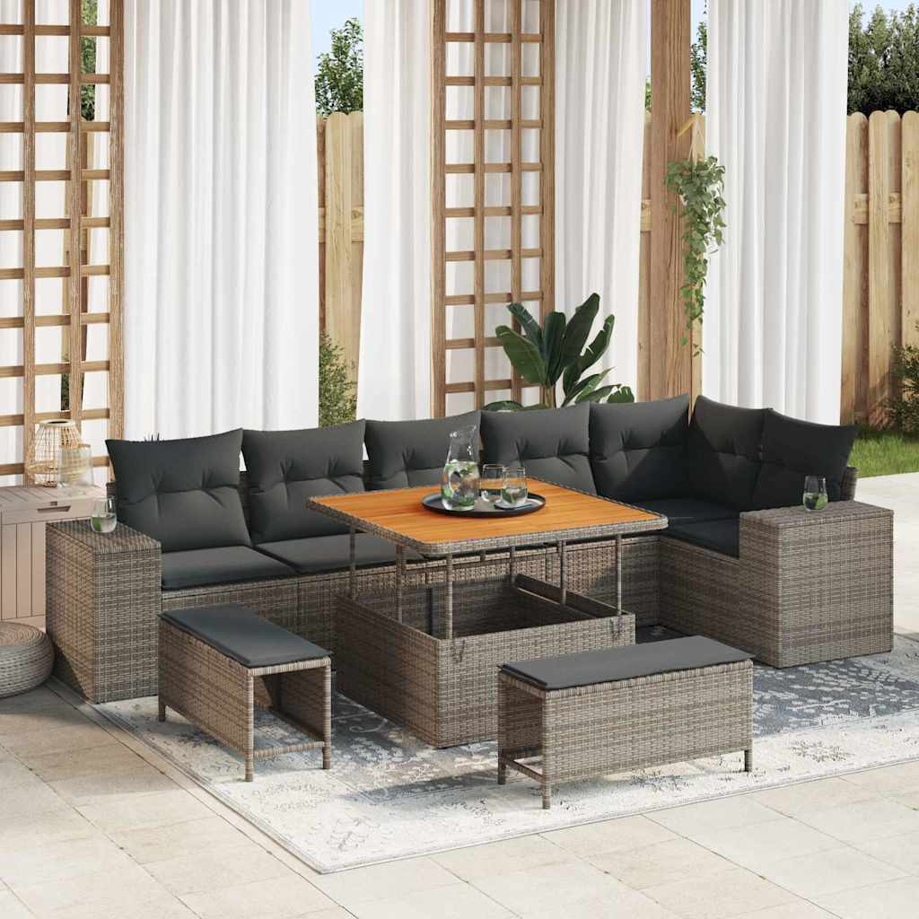 vidaXL Gartensofa-set mit Kissen 9 pcs Grau Poly-Rattan