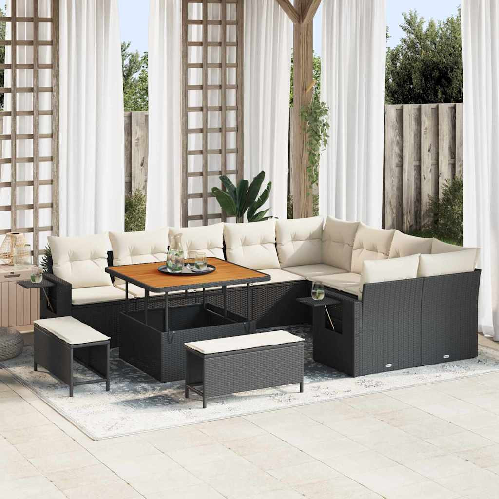 vidaXL Gartensofa-set mit Kissen 13 pcs Schwarz und Creme Poly-Rattan