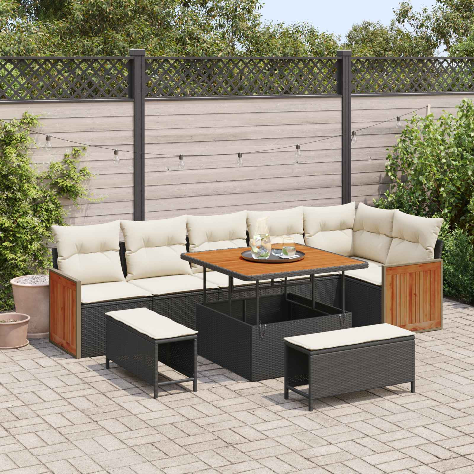 vidaXL Gartensofa-set mit Kissen 9 pcs Schwarz und Creme