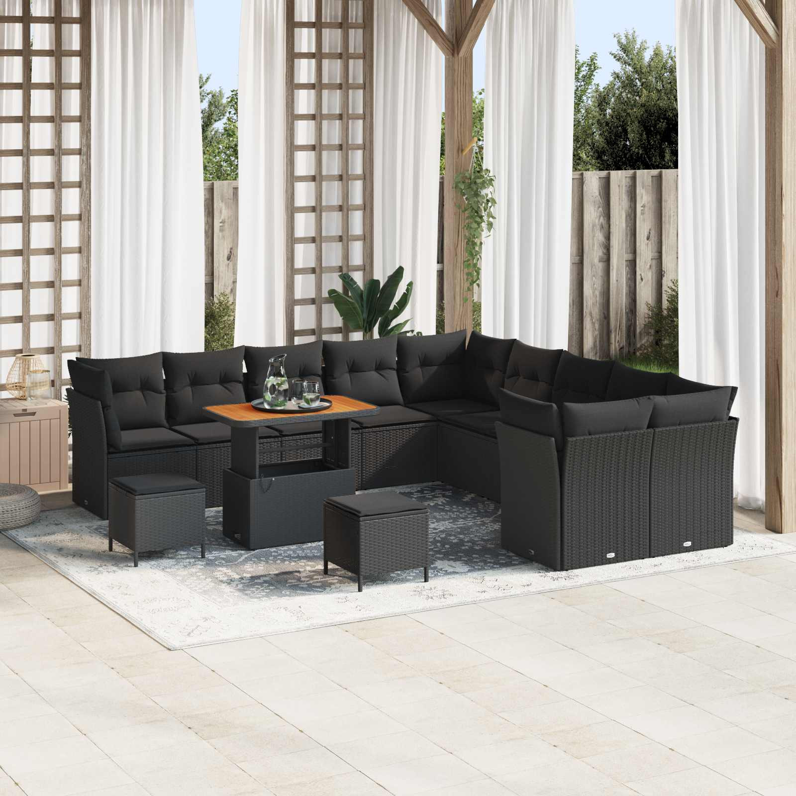 vidaXL Garten-Sofa-Set mit Kissen mit Speicher 13 pcs Schwarz