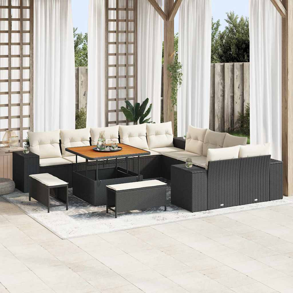 vidaXL Gartensofa-set mit Kissen 13 pcs Schwarz und Creme Poly-Rattan