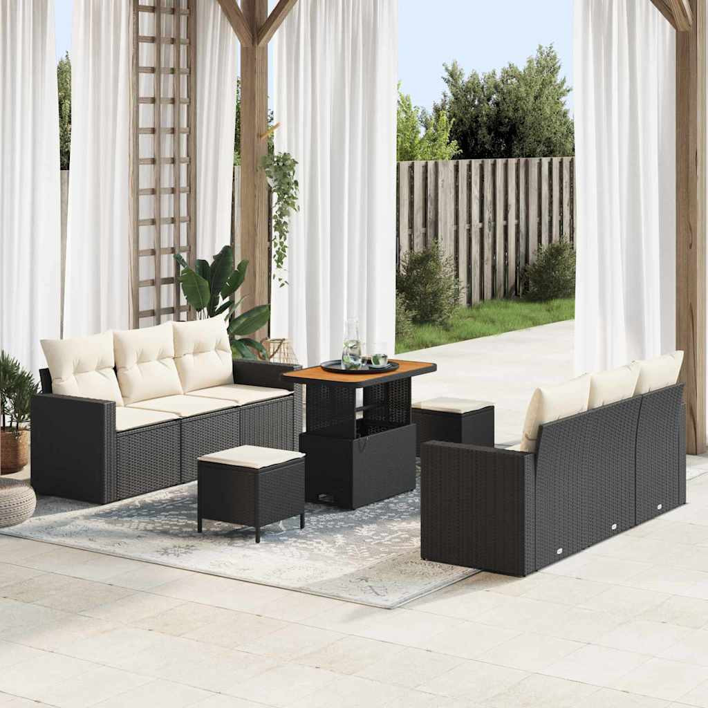 vidaXL Garten-Sofa-Set mit Kissen mit Speicher 9 pcs Schwarz und Creme