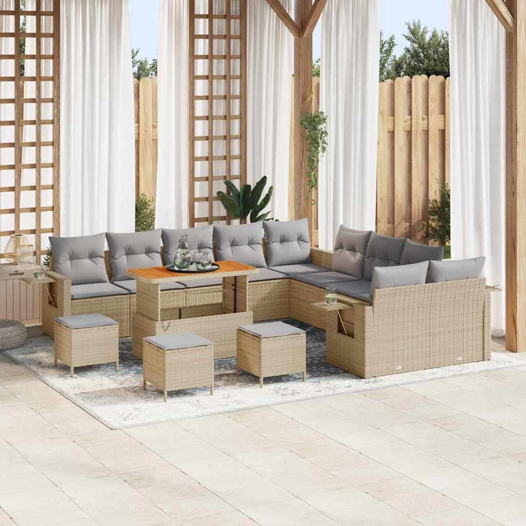 vidaXL Gartensofa-set mit Kissen mit Speicher 14 pcs Beige Poly-Rattan
