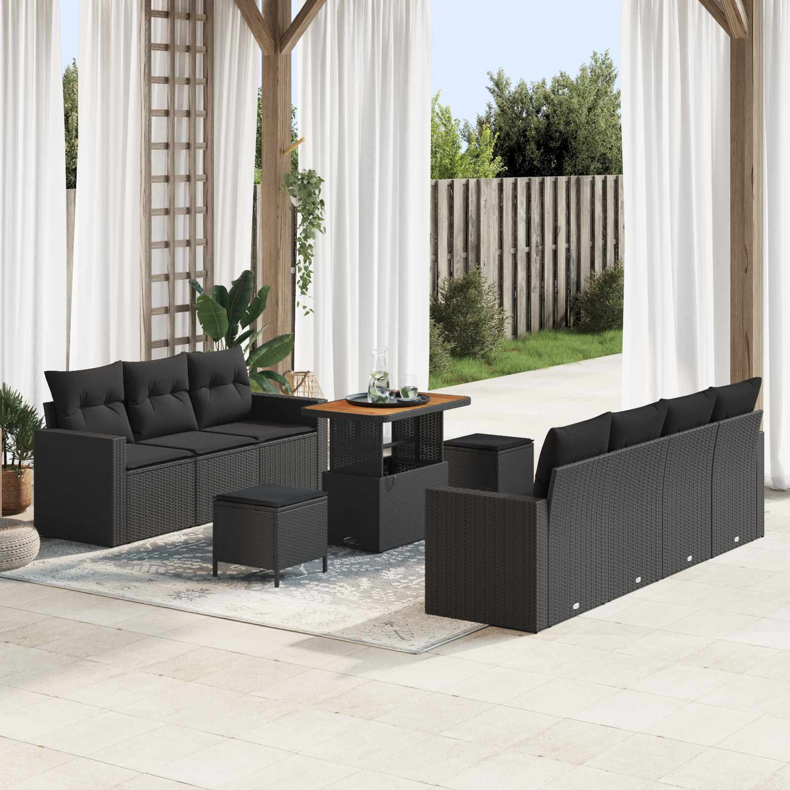 vidaXL Garten-Sofa-Set mit Kissen mit Speicher 10 pcs Schwarz