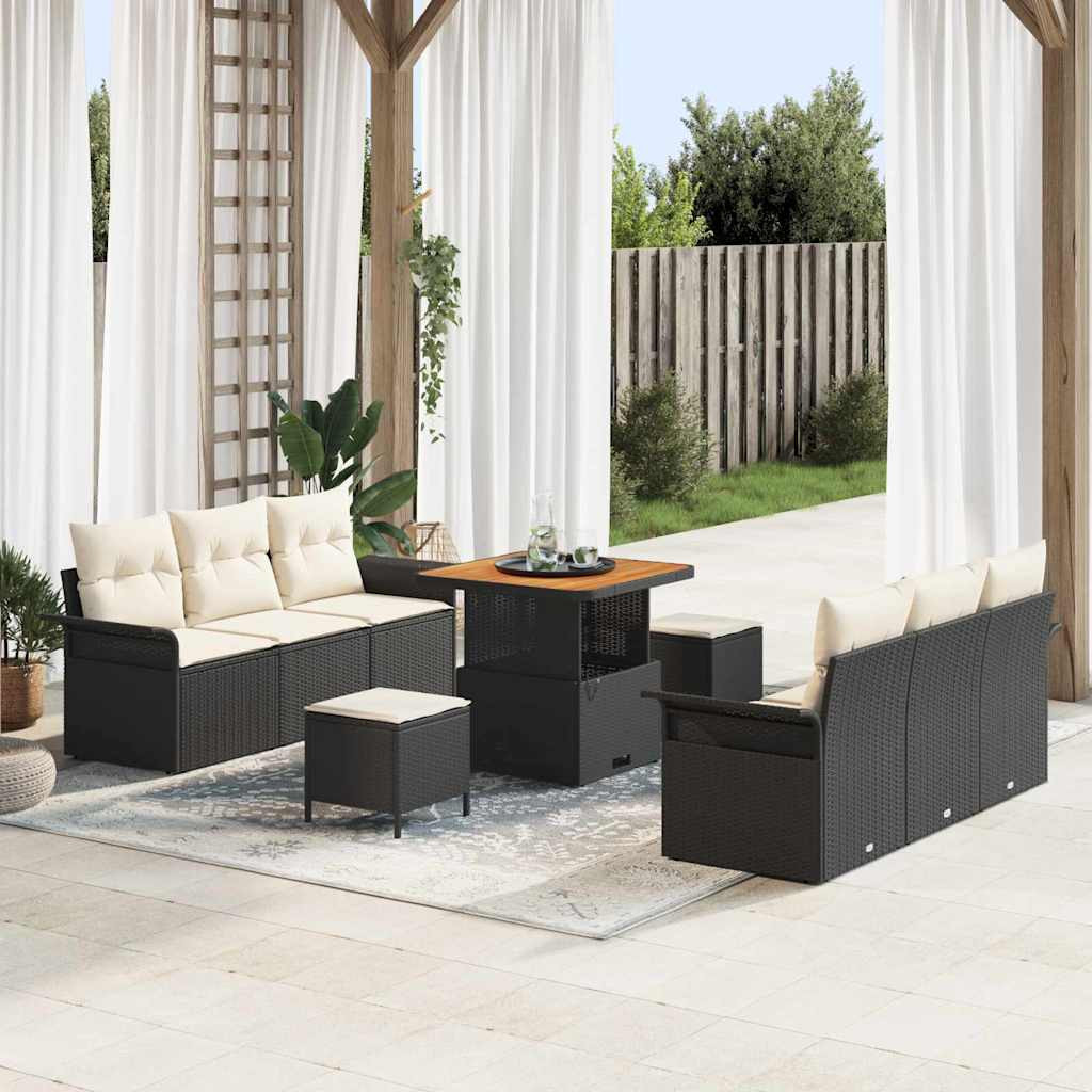 vidaXL Garten-Sofa-Set mit Kissen mit Speicher 9 pcs Schwarz und Creme