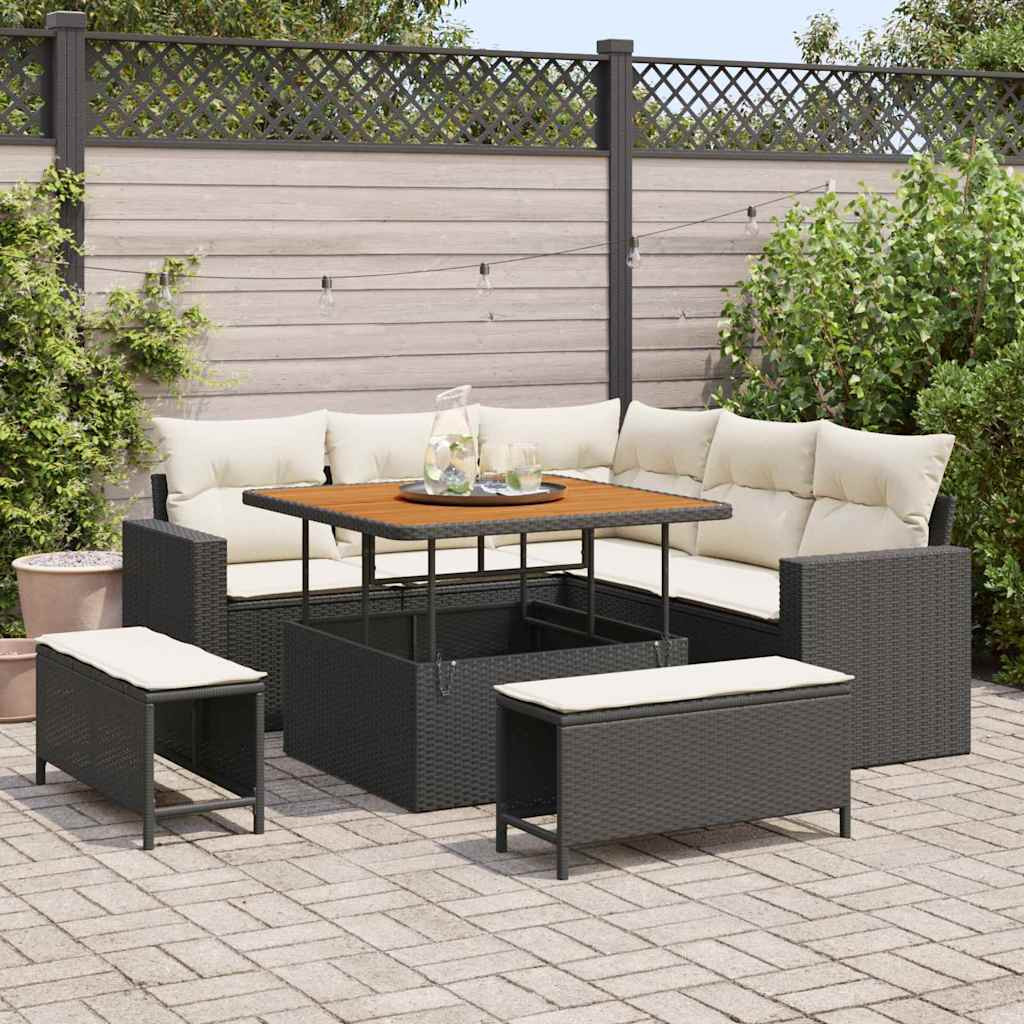 vidaXL Gartensofa-set mit Kissen 9 pcs Schwarz und Creme Poly-Rattan