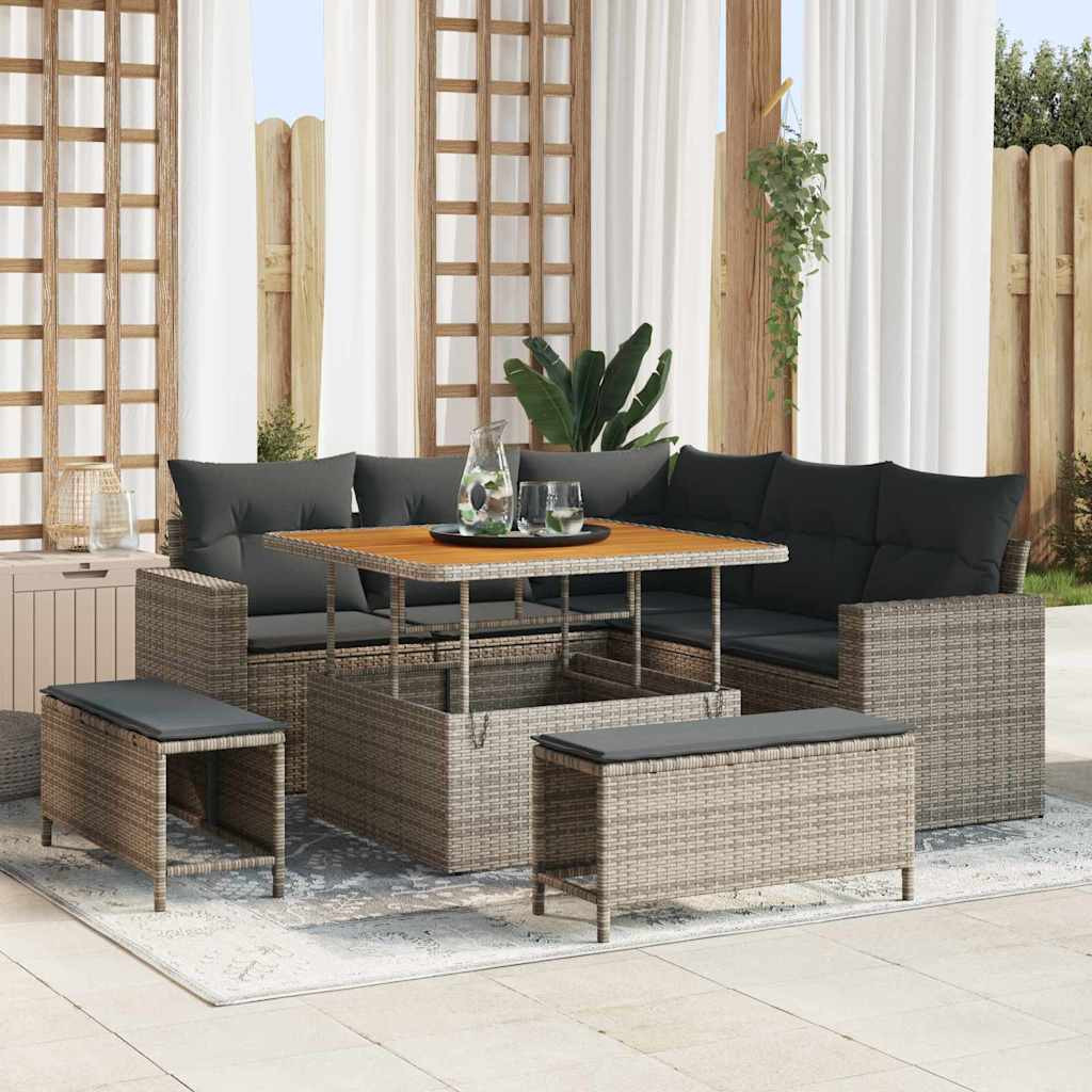 vidaXL Gartensofa-set mit Kissen 9 pcs Grau Poly-Rattan