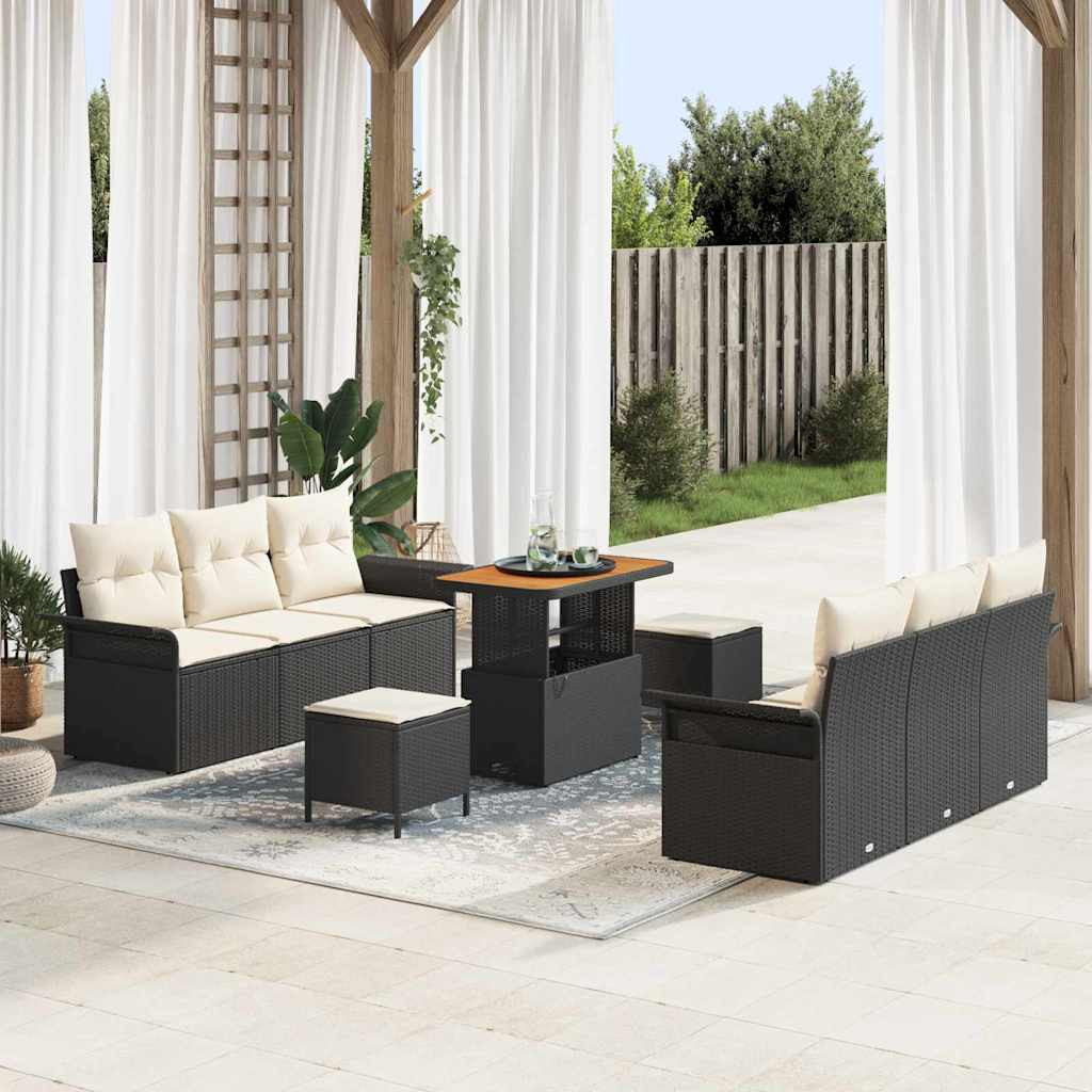 vidaXL Garten-Sofa-Set mit Kissen mit Speicher 9 pcs Schwarz und Creme