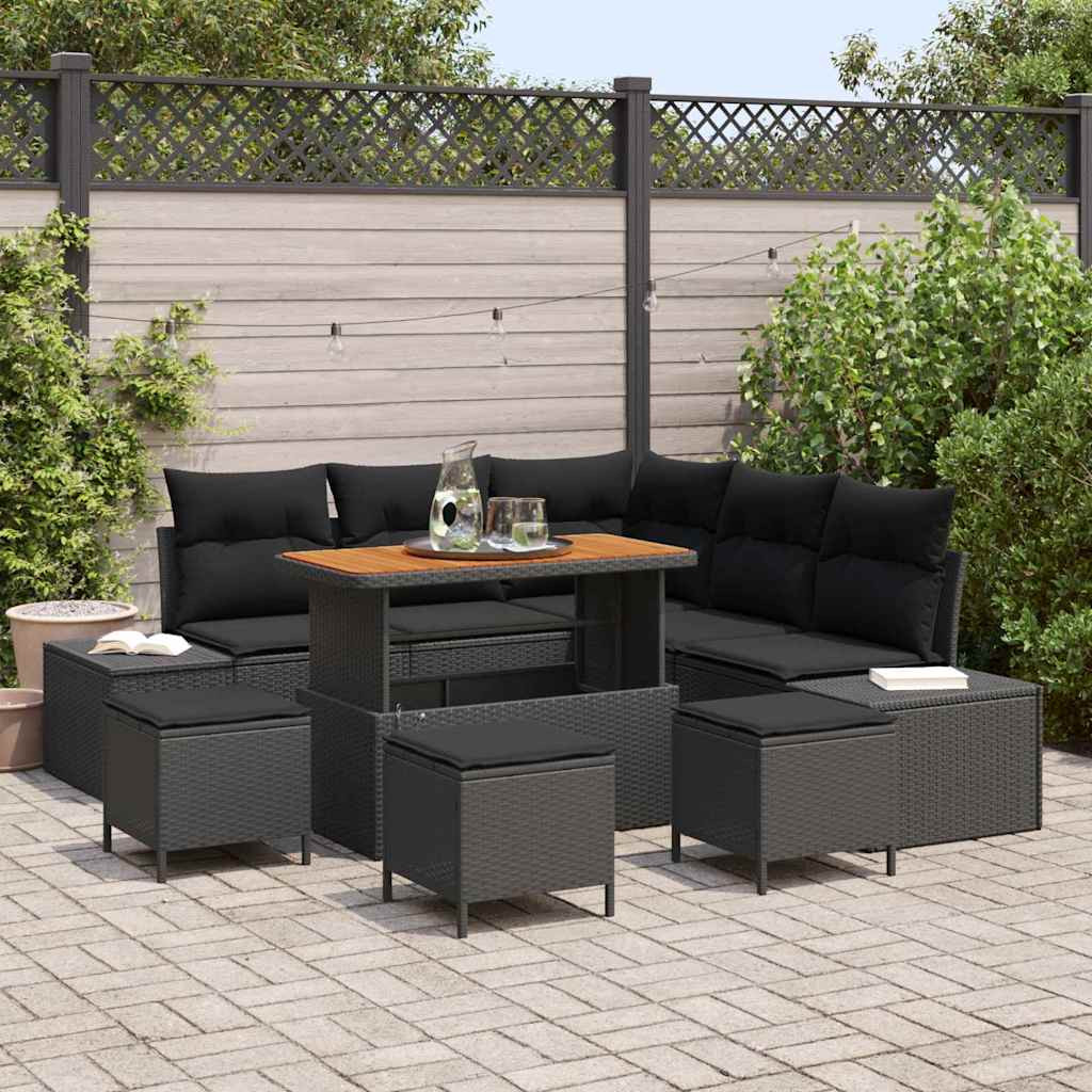 vidaXL Gartensofa-set mit Kissen 9 pcs Schwarz Poly-Rattan