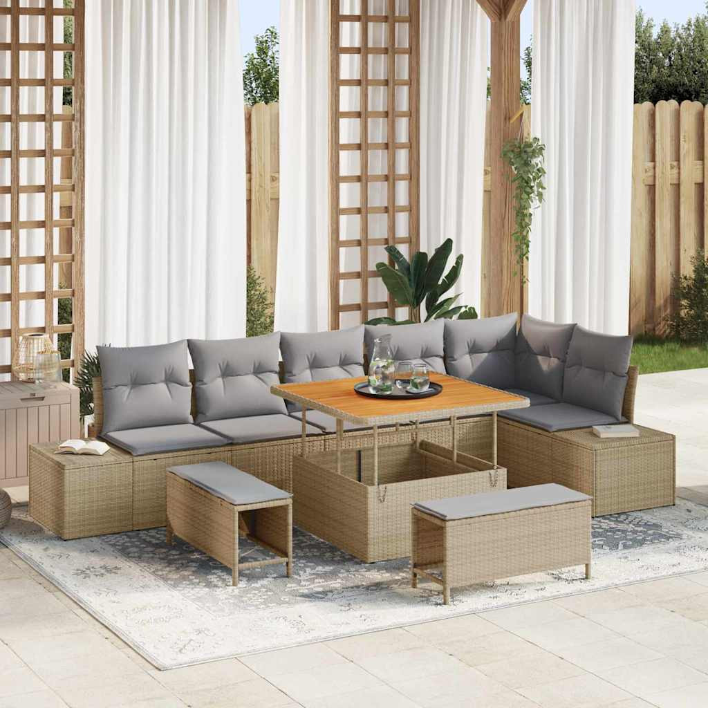 vidaXL Gartensofa-set mit Kissen 9 pcs Beige Poly-Rattan