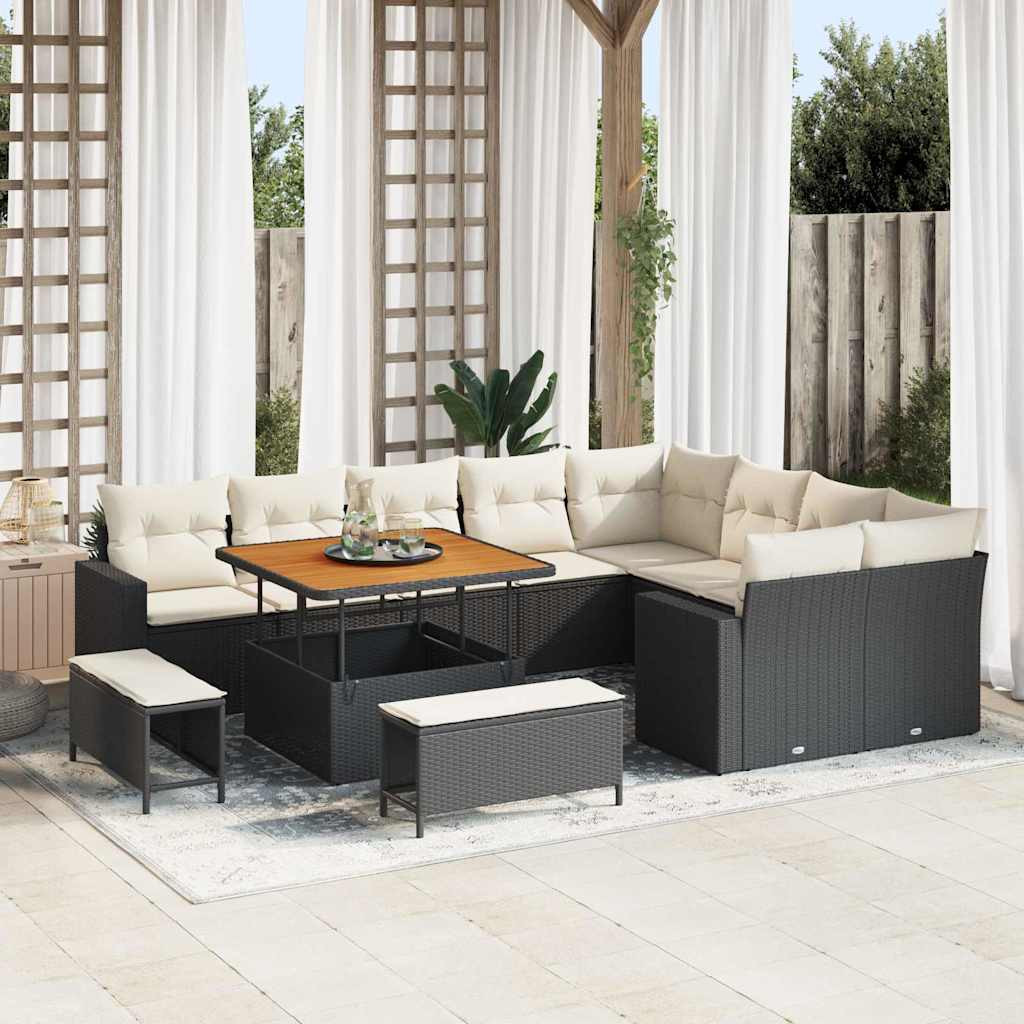 vidaXL Gartensofa-set mit Kissen 13 pcs Schwarz und Creme Poly-Rattan