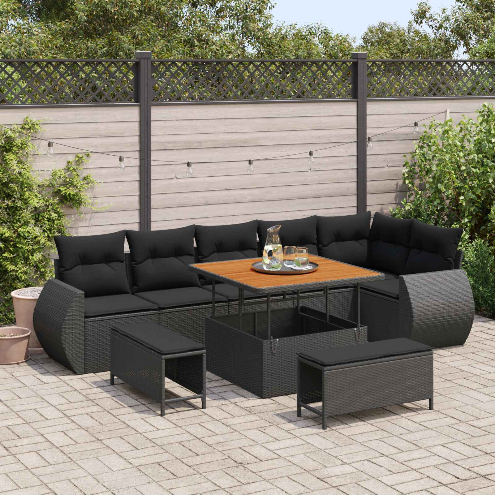 vidaXL Gartensofa-set mit Kissen mit Kissen 9 pcs Schwarz Poly Rattan