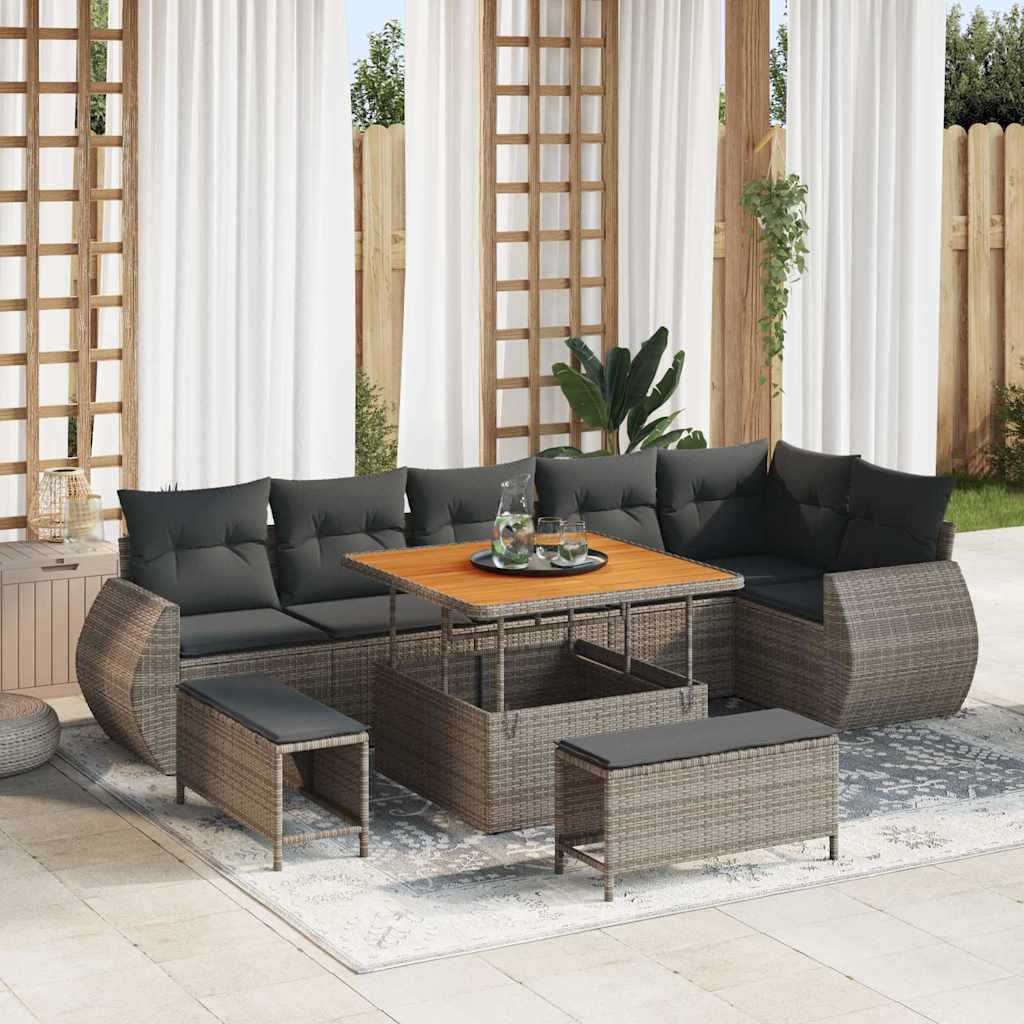 vidaXL Gartensofa-set mit Kissen mit Speicher 9 pcs Grau Poly Rattan