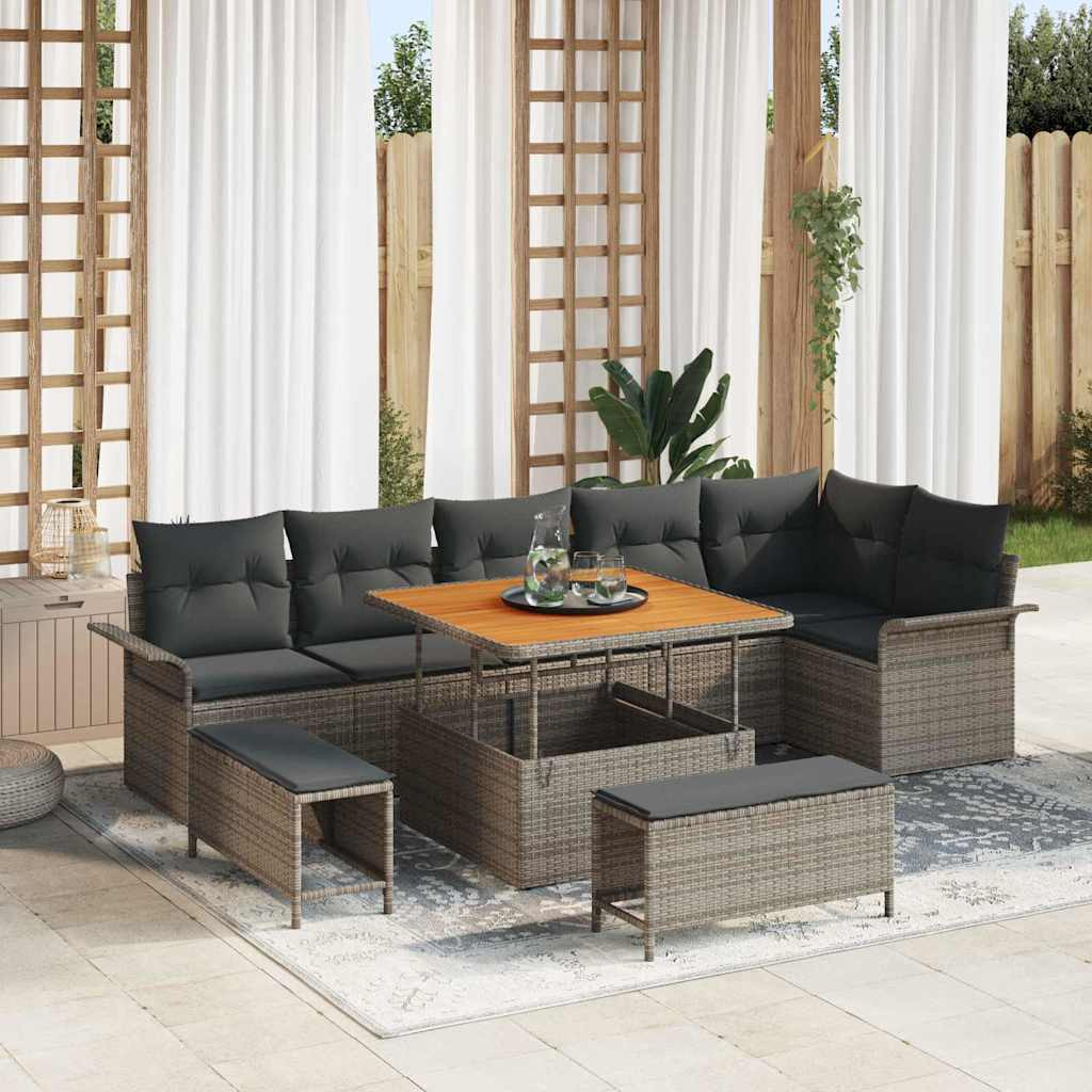 vidaXL Garten-Sofa-Set mit Kissen mit Speicher 9 pcs Grau