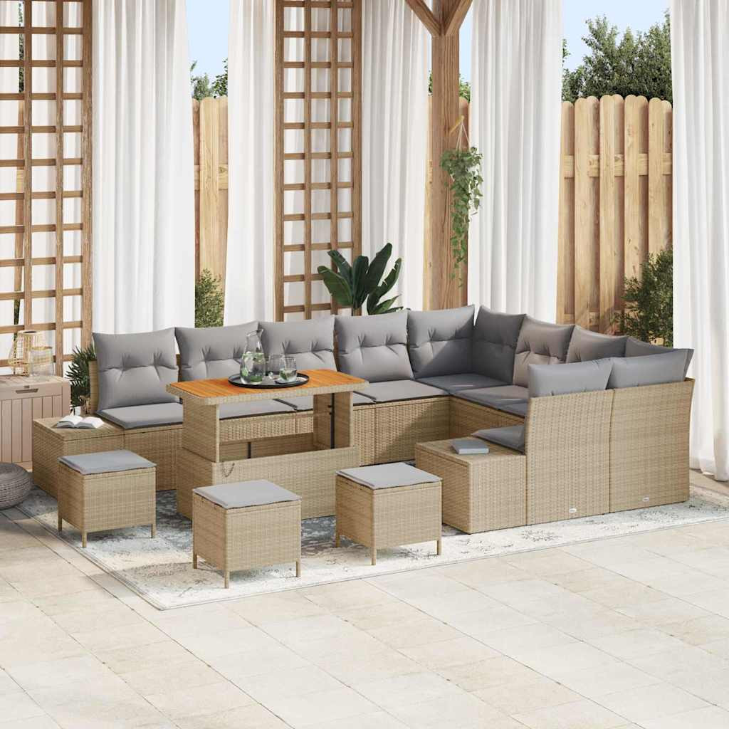 vidaXL Gartensofa-set mit Kissen mit Speicher 13 pcs Beige Poly Rattan