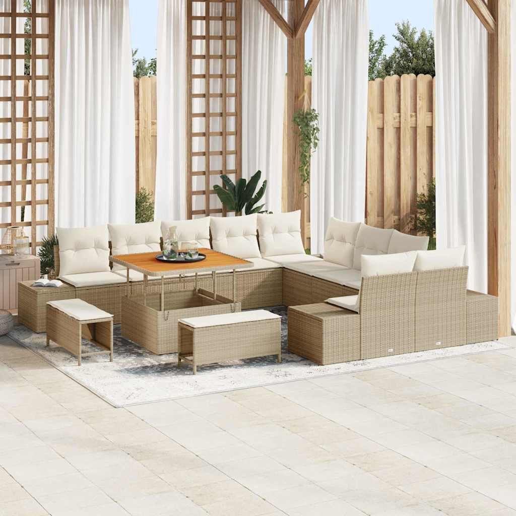 vidaXL Gartensofa-set mit Kissen mit Speicher 13 pcs Beige Poly Rattan