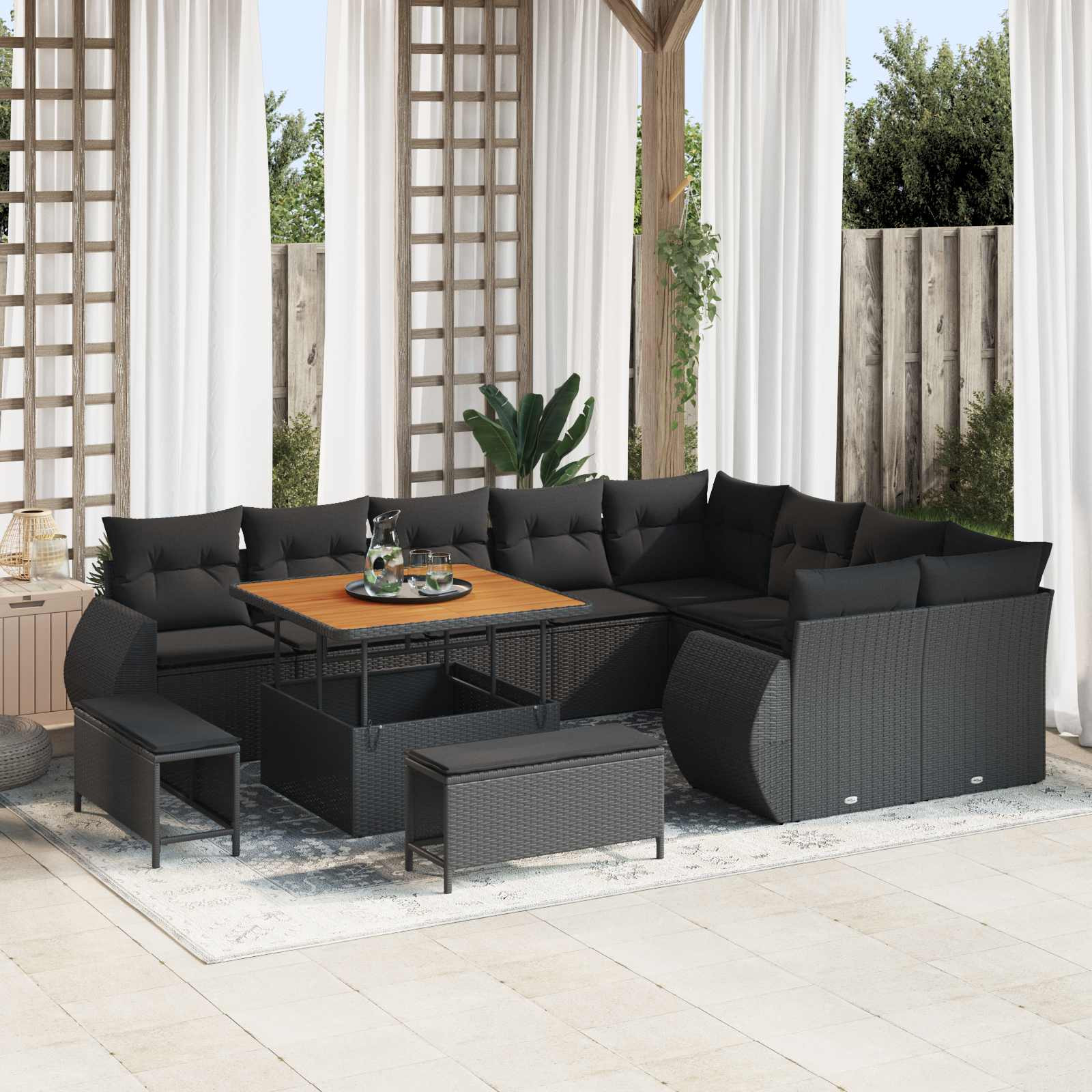 vidaXL Garten-Sofa-Set mit Kissen mit Speicher 12 pcs Schwarz