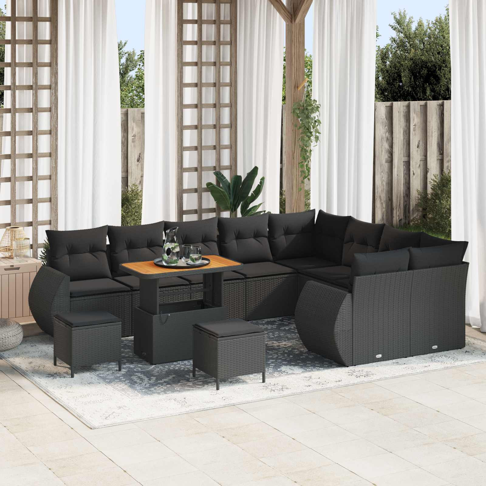 vidaXL Garten-Sofa-Set mit Kissen mit Speicher 12 pcs Schwarz