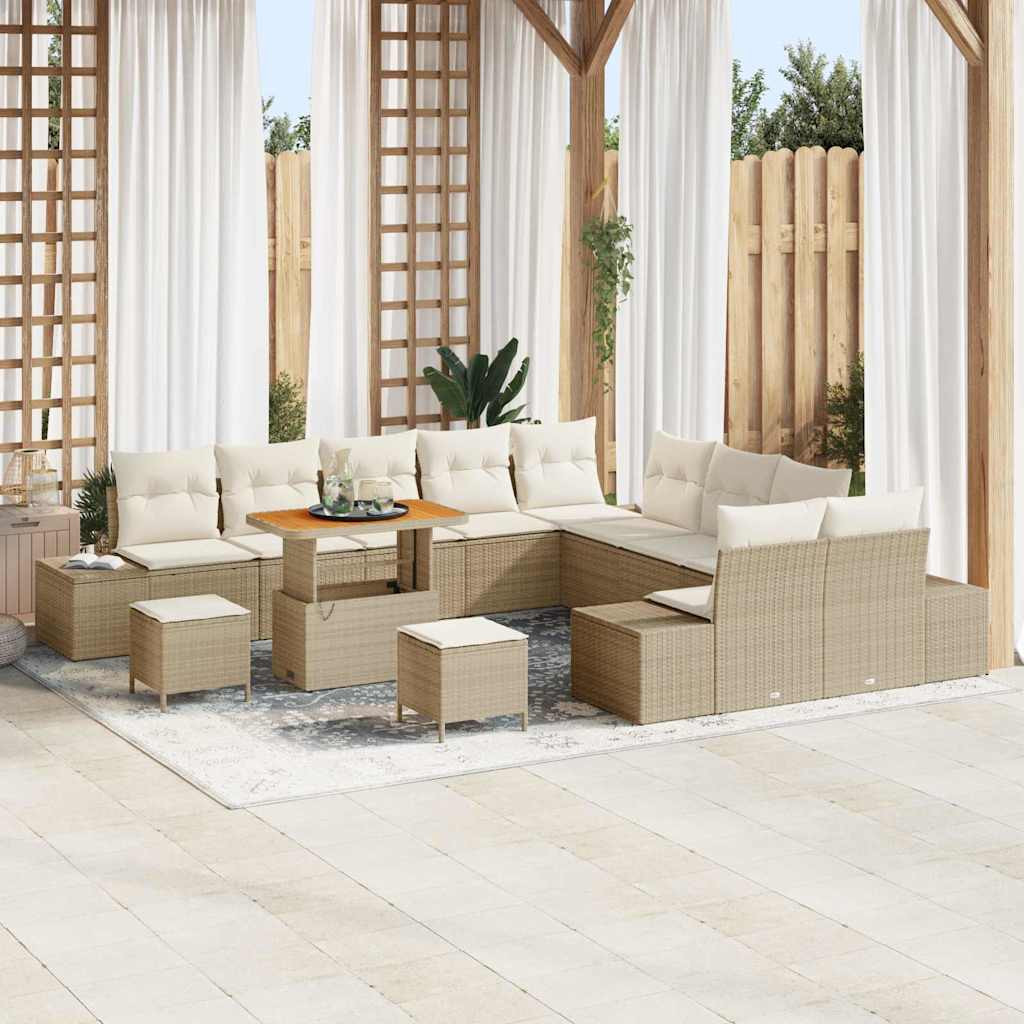 vidaXL Gartensofa-set mit Kissen mit Speicher 13 pcs Beige Poly Rattan
