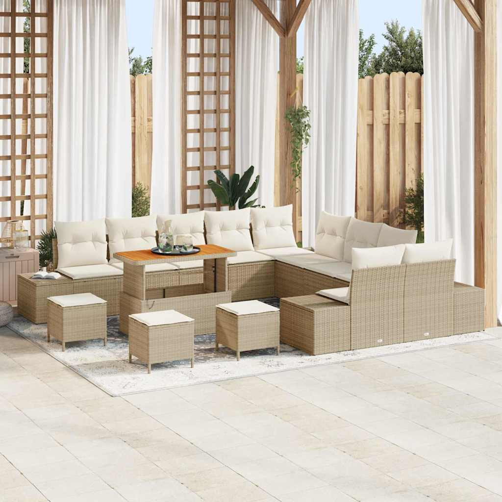 vidaXL Gartensofa-set mit Kissen mit Speicher 14 pcs Beige Poly Rattan