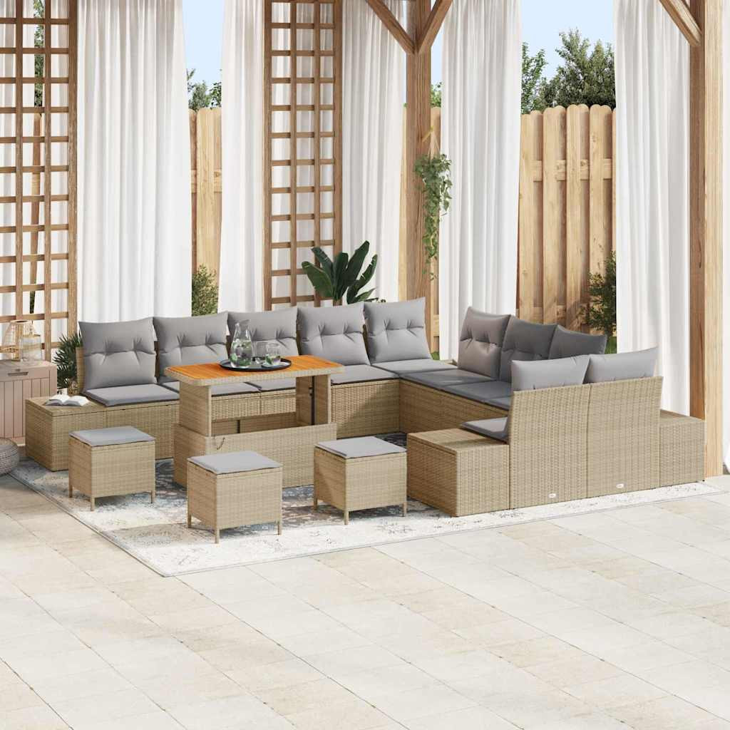 vidaXL Gartensofa-set mit Kissen mit Speicher 14 pcs Beige Poly Rattan