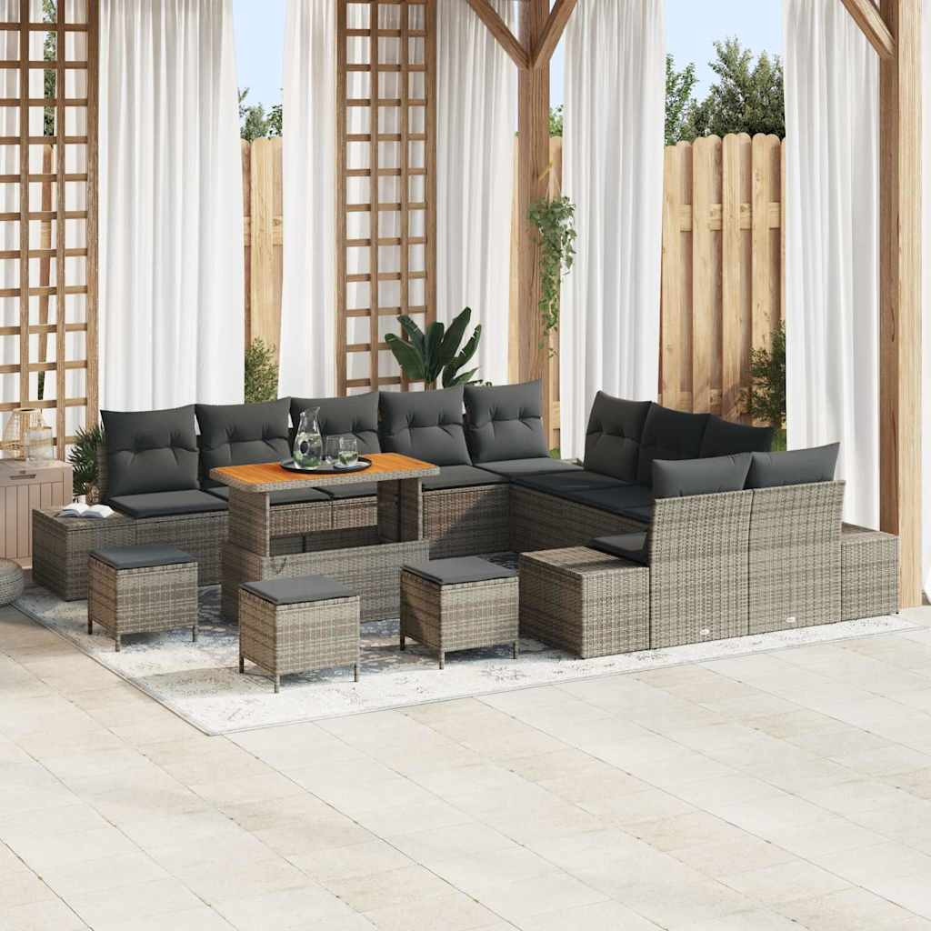vidaXL Gartensofa-set mit Kissen mit Speicher 14 pcs Grau Poly Rattan