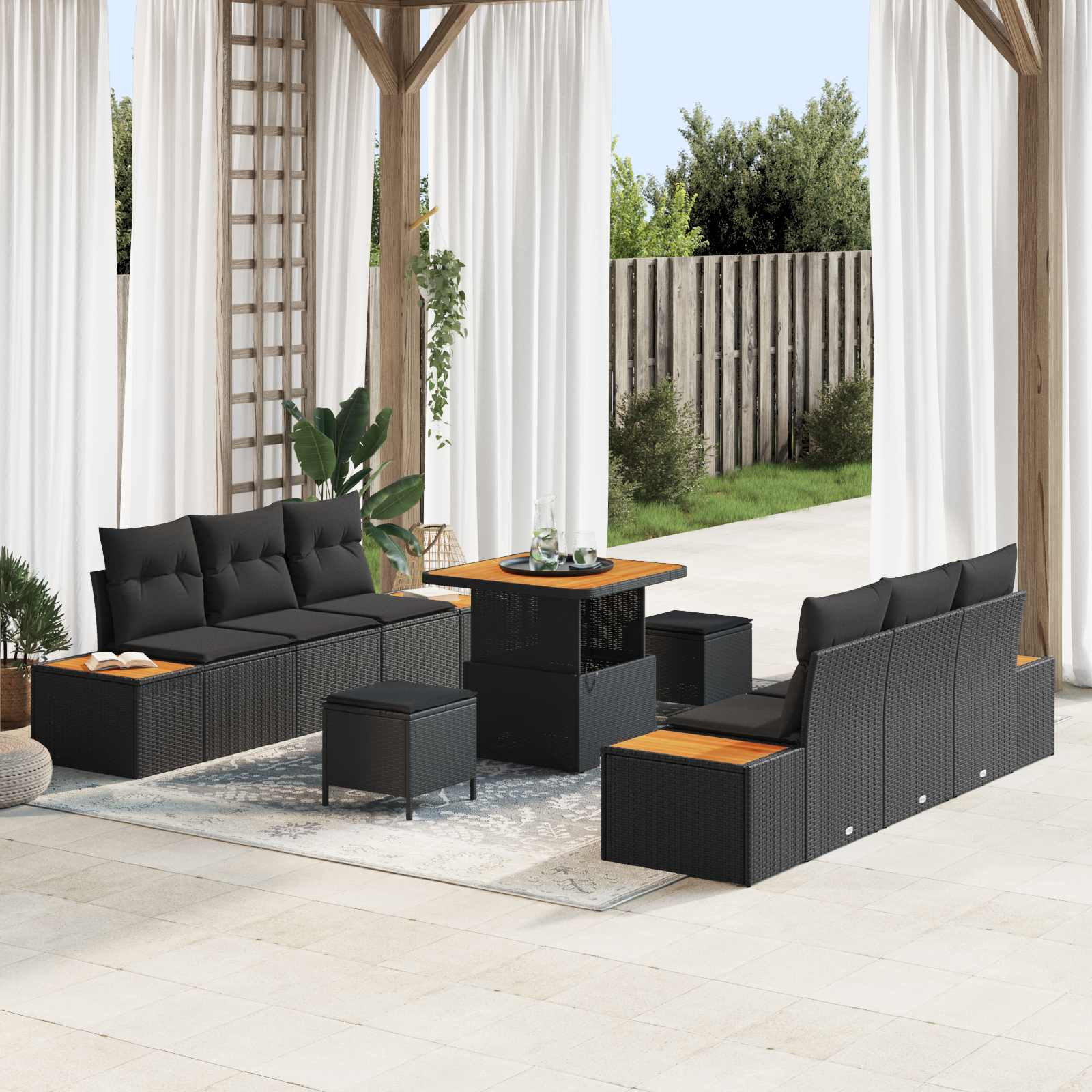 vidaXL Gartensofa-set mit Kissen 9 pcs Schwarz Poly Rattan