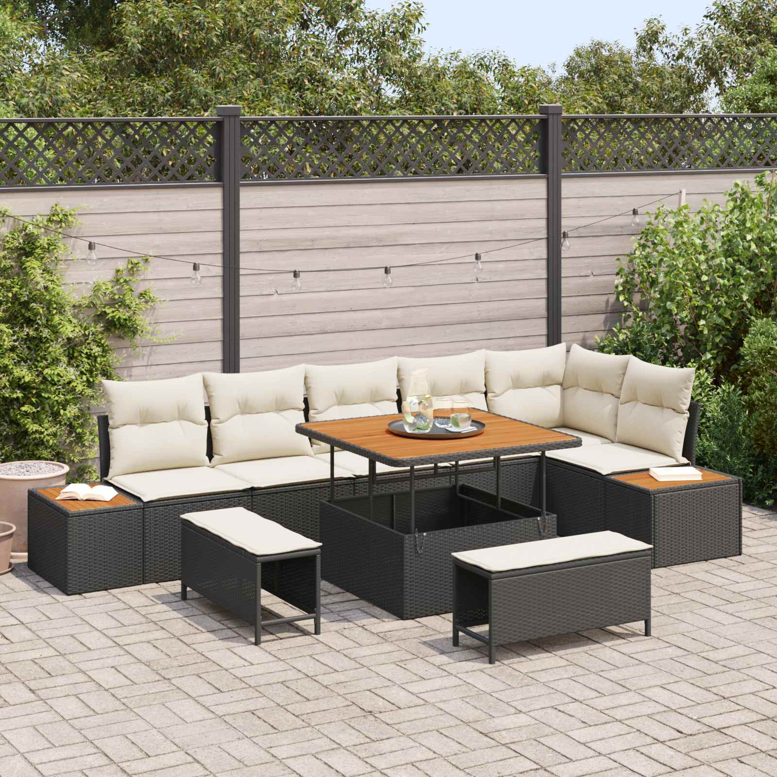 vidaXL Gartensofa-set mit Kissen 9 pcs Schwarz und Creme
