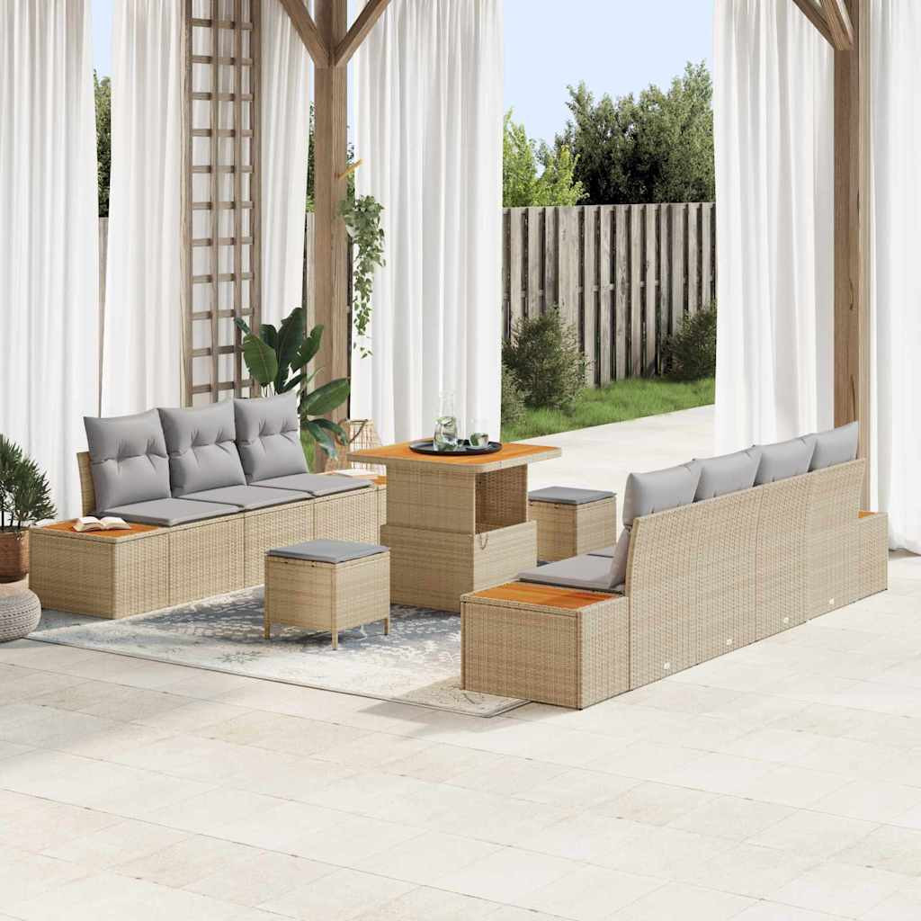 vidaXL Gartensofa-set mit Kissen mit Speicher 10 pcs Beige Poly Rattan