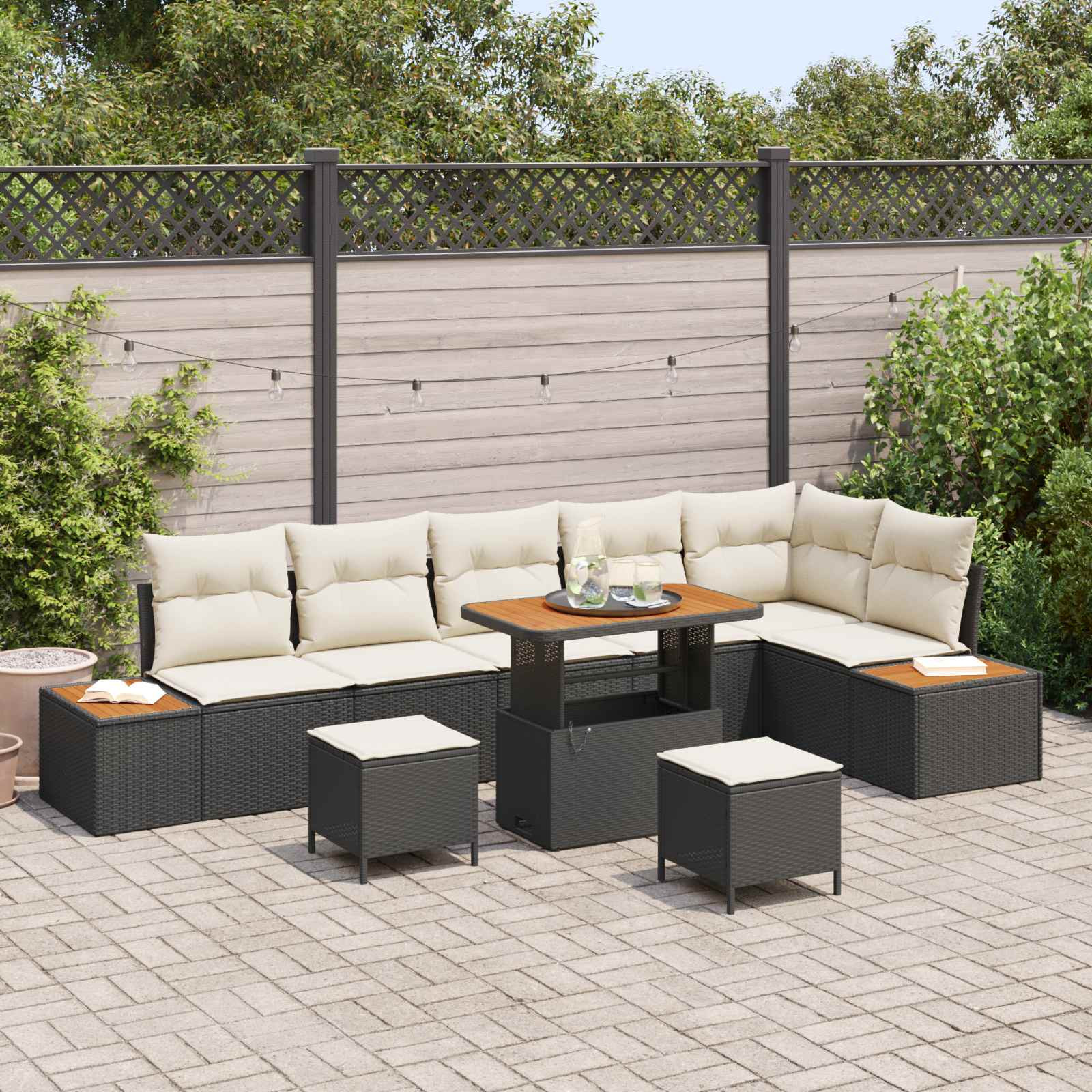 vidaXL Gartensofa-set mit Kissen 9 pcs Schwarz und Creme