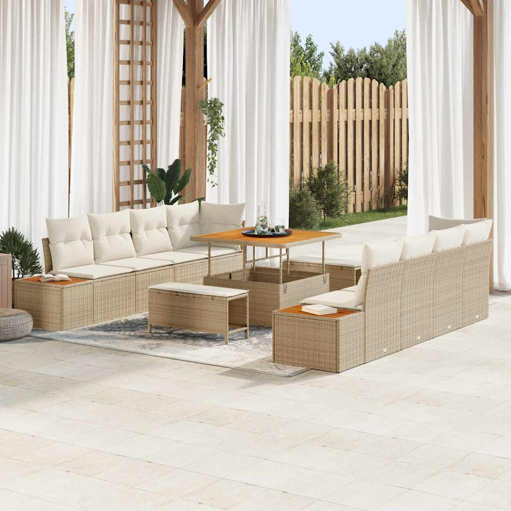 vidaXL Gartensofa-set mit Kissen mit Speicher 11 pcs Beige Poly Rattan