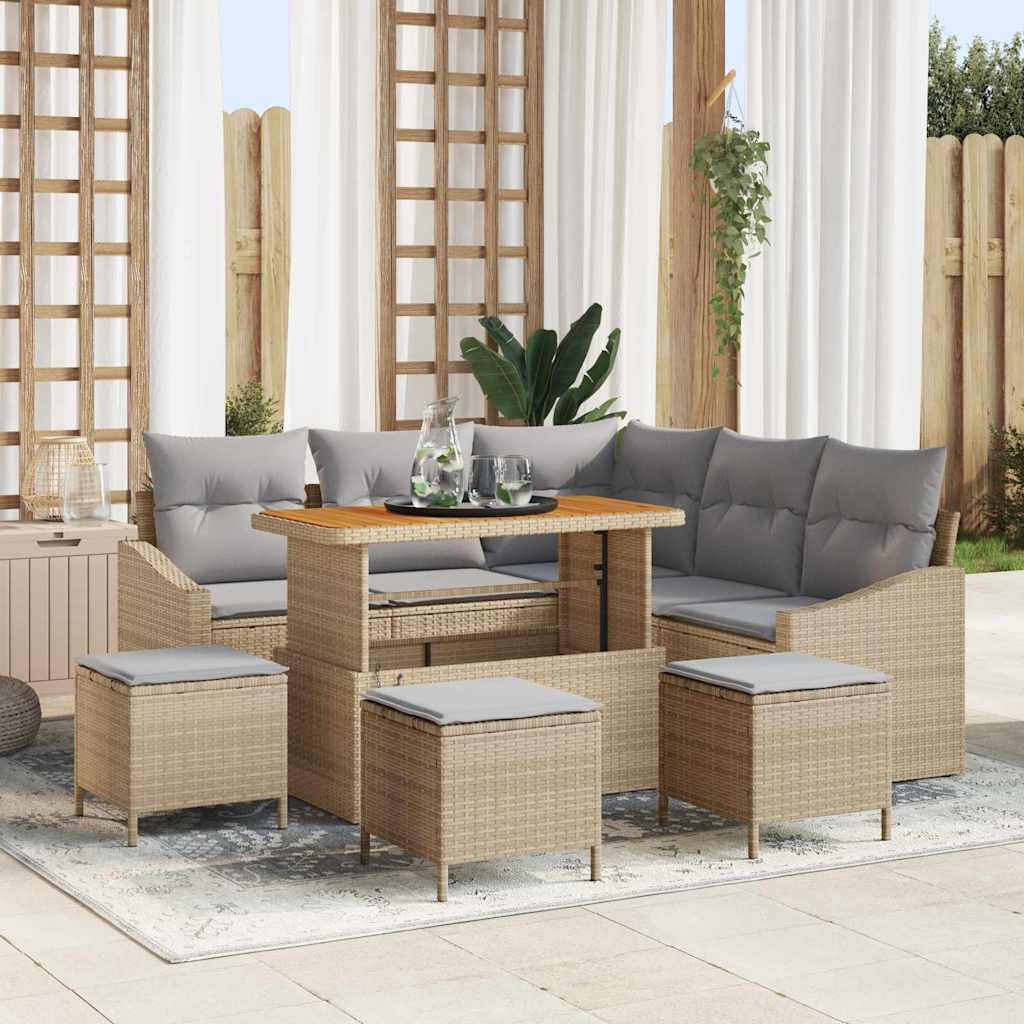 vidaXL Gartensofa-set mit Kissen mit Speicher 9 pcs Beige Poly Rattan