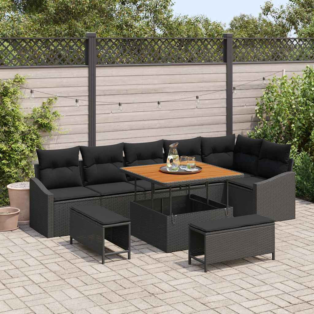 vidaXL Gartensofa-set mit Kissen 9 pcs Schwarz Poly Rattan