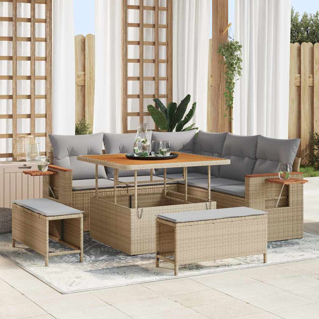 vidaXL Gartensofa-set mit Kissen 9 pcs Beige und Hellgrau Poly-Rattan