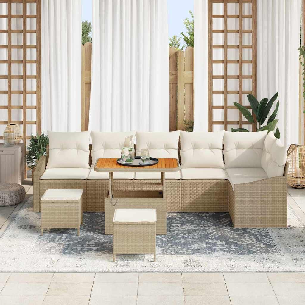 vidaXL Gartensofa-set mit Kissen mit Speicher 9 pcs Beige Poly Rattan