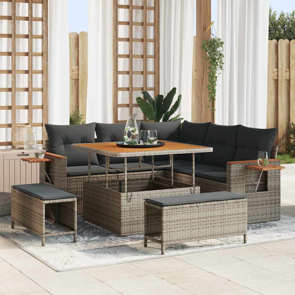 vidaXL Gartensofa-set mit Kissen 9 pcs Grau Poly-Rattan