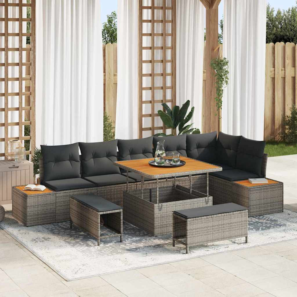 vidaXL Gartensofa-set mit Kissen mit Speicher 9 pcs Grau Poly Rattan